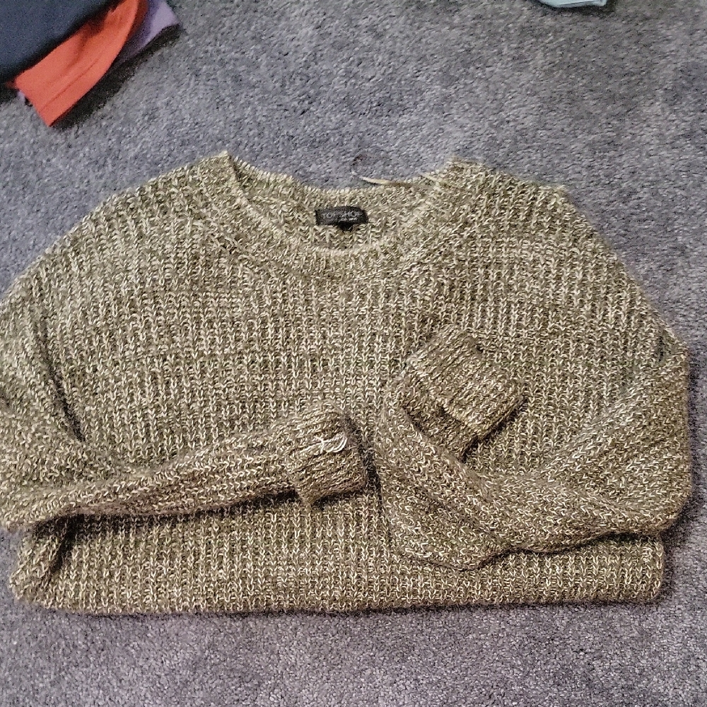 Topshop Olive Metallic Mix Chunky Crewneck Sweater